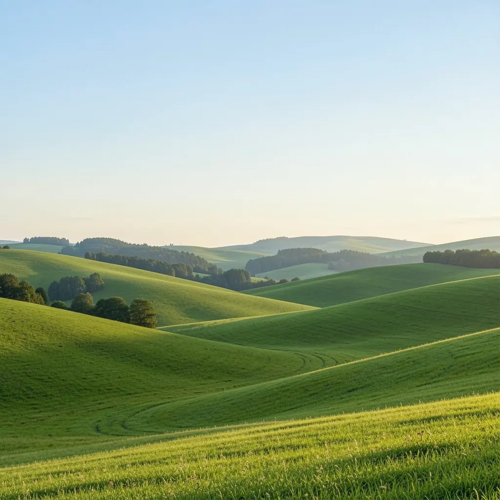 Peaceful landscape with rolling green hills and a calm sky representing well-being